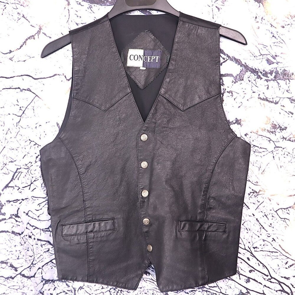 LEATHER TUXEDO VEST S Concept Black Formal Bikercore Moto Buttons Vintage Retro